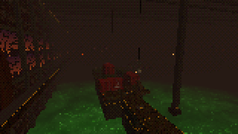 Factory hall: a dark catwalk over glowing green acid.
