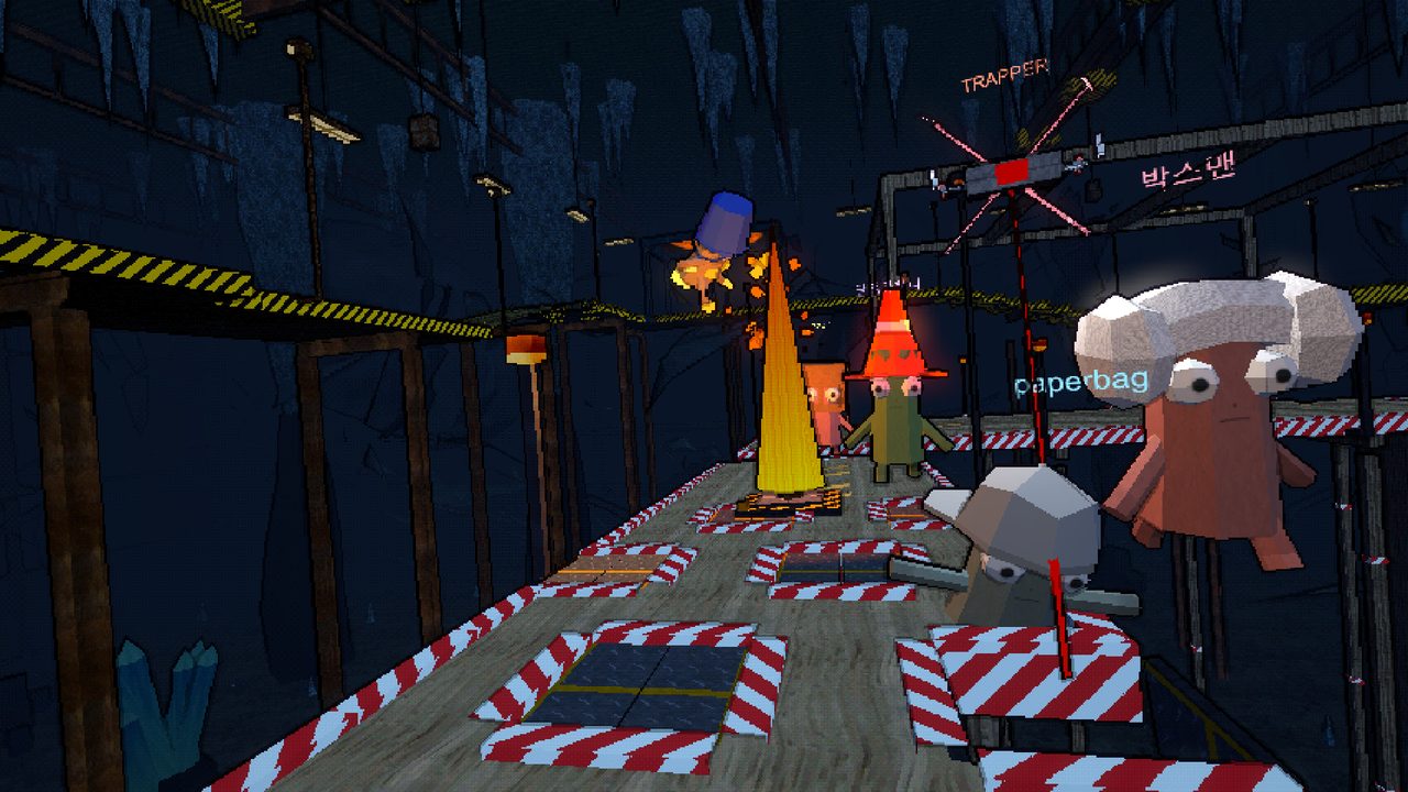The ice cavern course: a wooden walkway with red and white hazard panels, runners lined up behind a flame jet.
